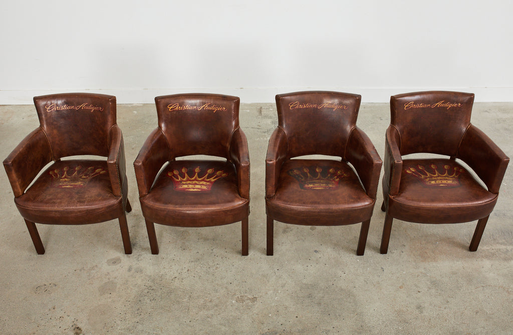 Set of Four Christian Audigier Cigar Leather Monogram Club Chairs
