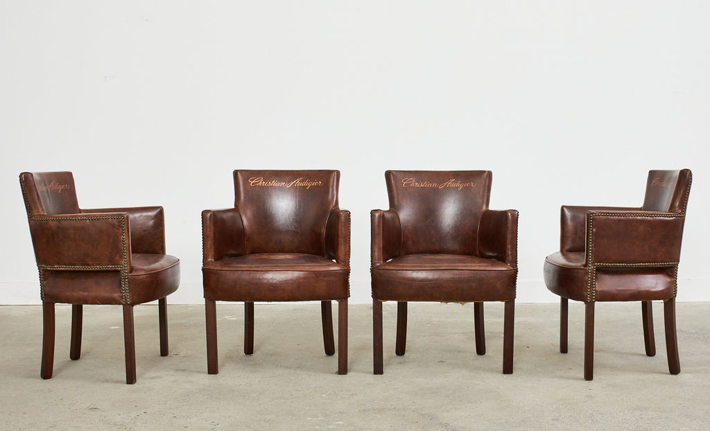 Set of Four Christian Audigier Cigar Leather Monogram Club Chairs