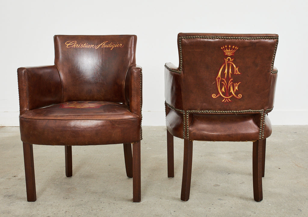Set of Four Christian Audigier Cigar Leather Monogram Club Chairs