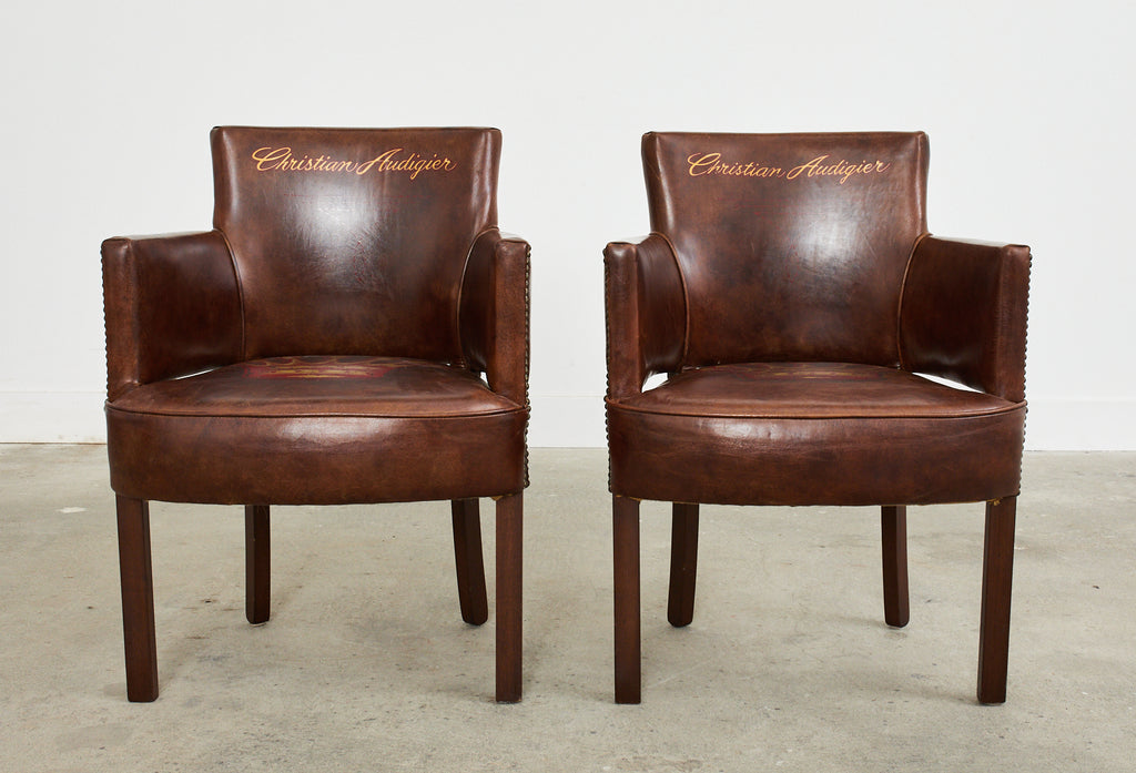 Set of Four Christian Audigier Cigar Leather Monogram Club Chairs