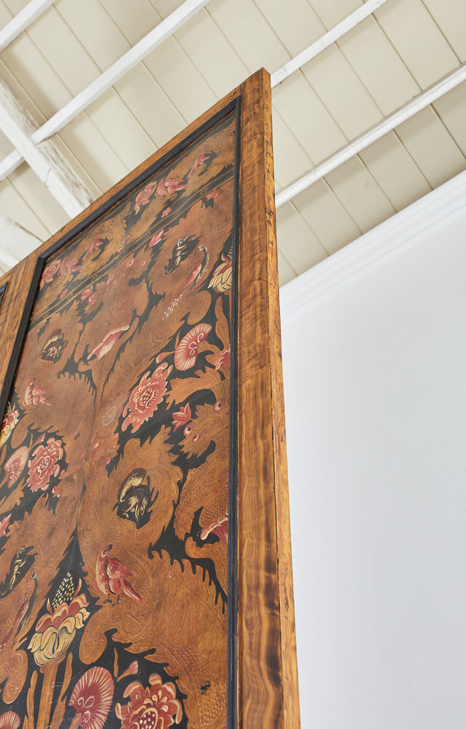Pair of Art Nouveau Embossed Painted Leather Panel Screens