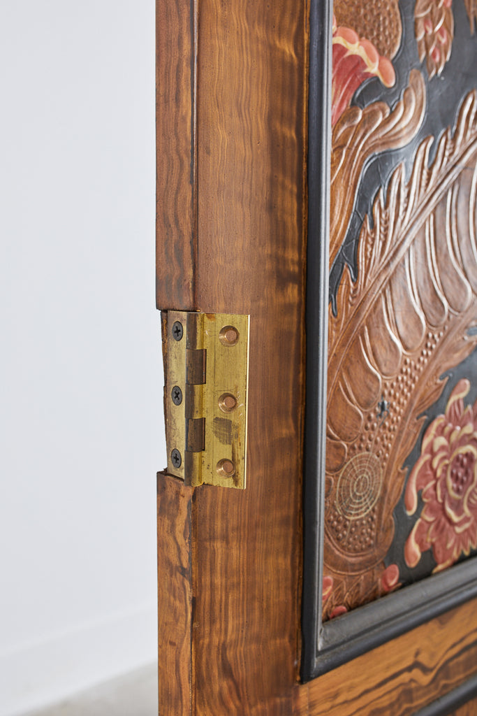 Pair of Art Nouveau Embossed Painted Leather Panel Screens