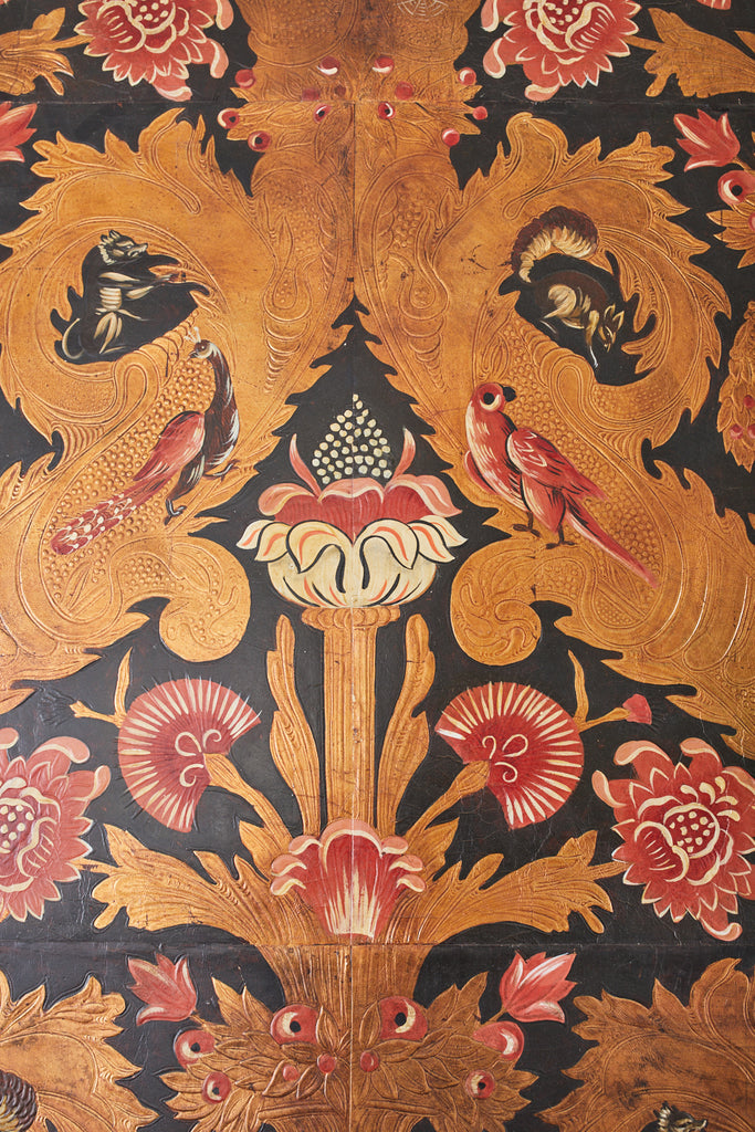 Pair of Art Nouveau Embossed Painted Leather Panel Screens