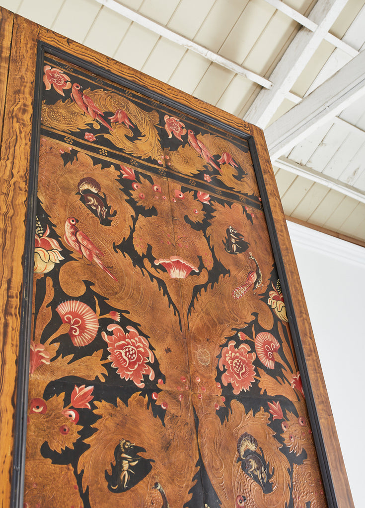 Pair of Art Nouveau Embossed Painted Leather Panel Screens