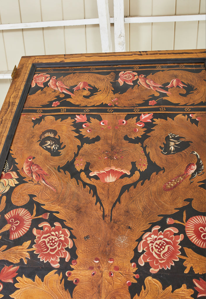 Pair of Art Nouveau Embossed Painted Leather Panel Screens