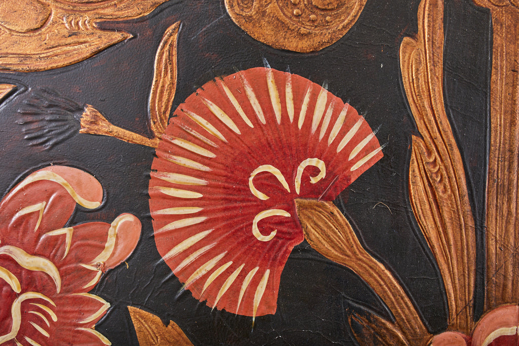 Pair of Art Nouveau Embossed Painted Leather Panel Screens