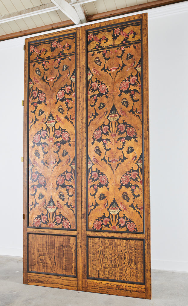 Pair of Art Nouveau Embossed Painted Leather Panel Screens