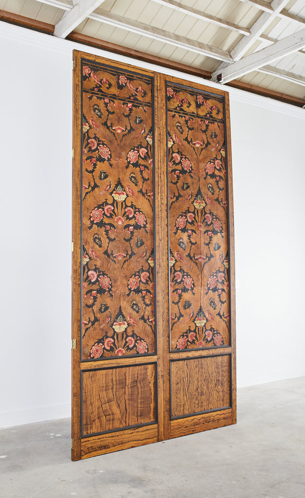 Pair of Art Nouveau Embossed Painted Leather Panel Screens