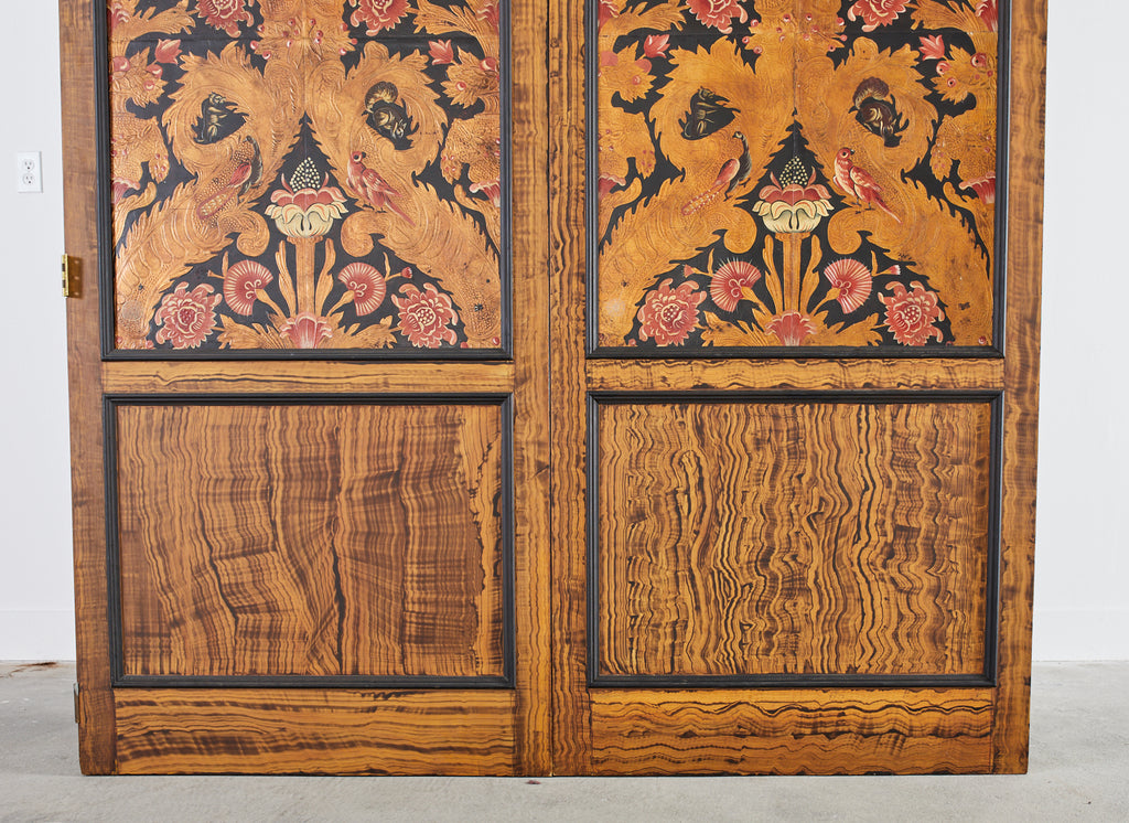 Pair of Art Nouveau Embossed Painted Leather Panel Screens