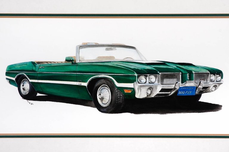 Green Olds 442 Muscle Car Original Americana Watercolor