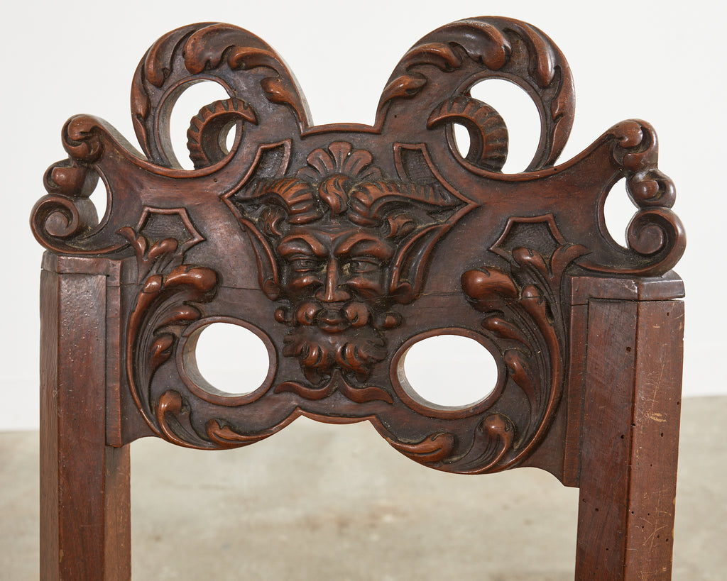 Set of Ten French Baroque Style Walnut Masked Dining Chairs