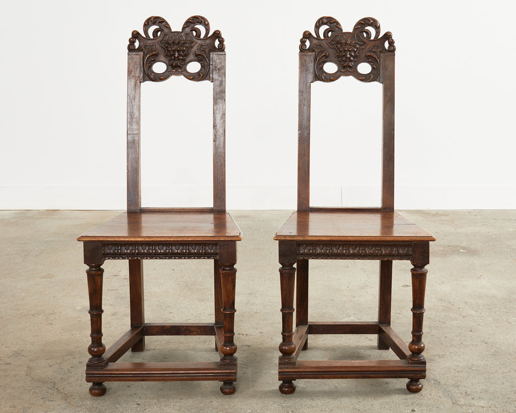 Set of Ten French Baroque Style Walnut Masked Dining Chairs