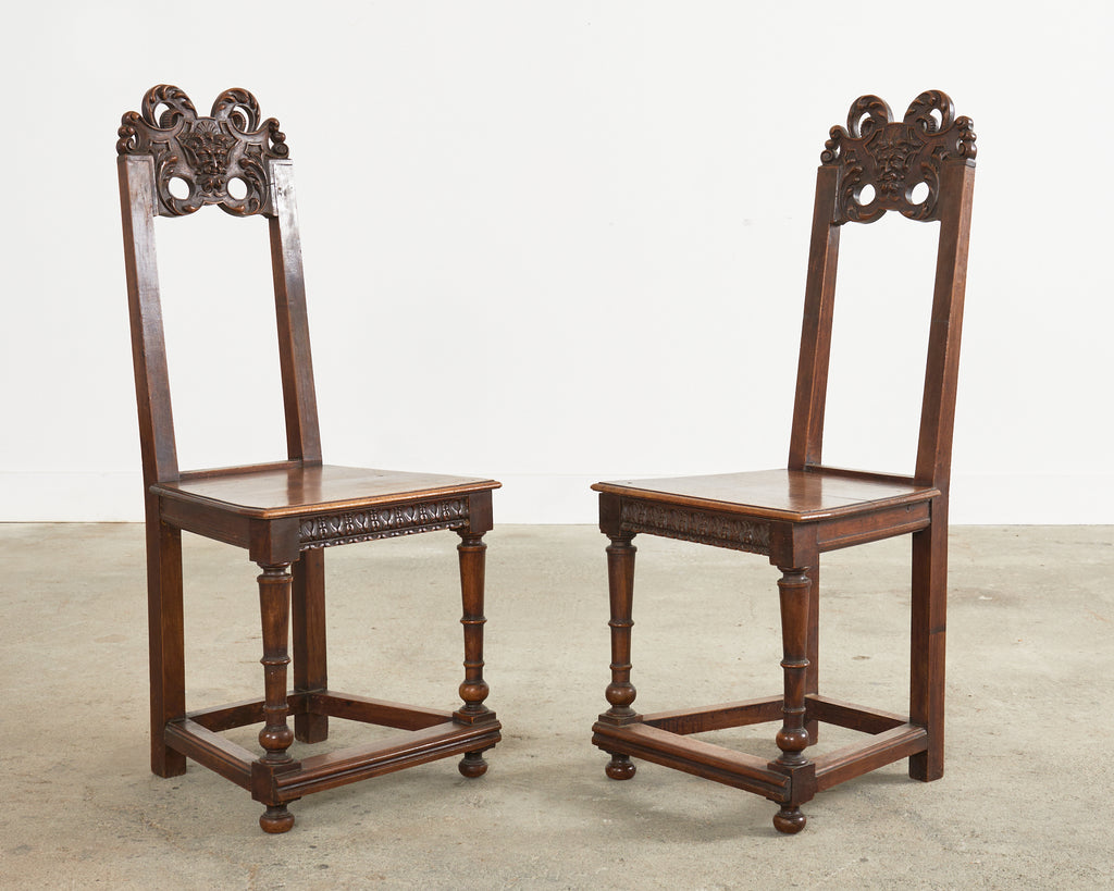 Set of Ten French Baroque Style Walnut Masked Dining Chairs