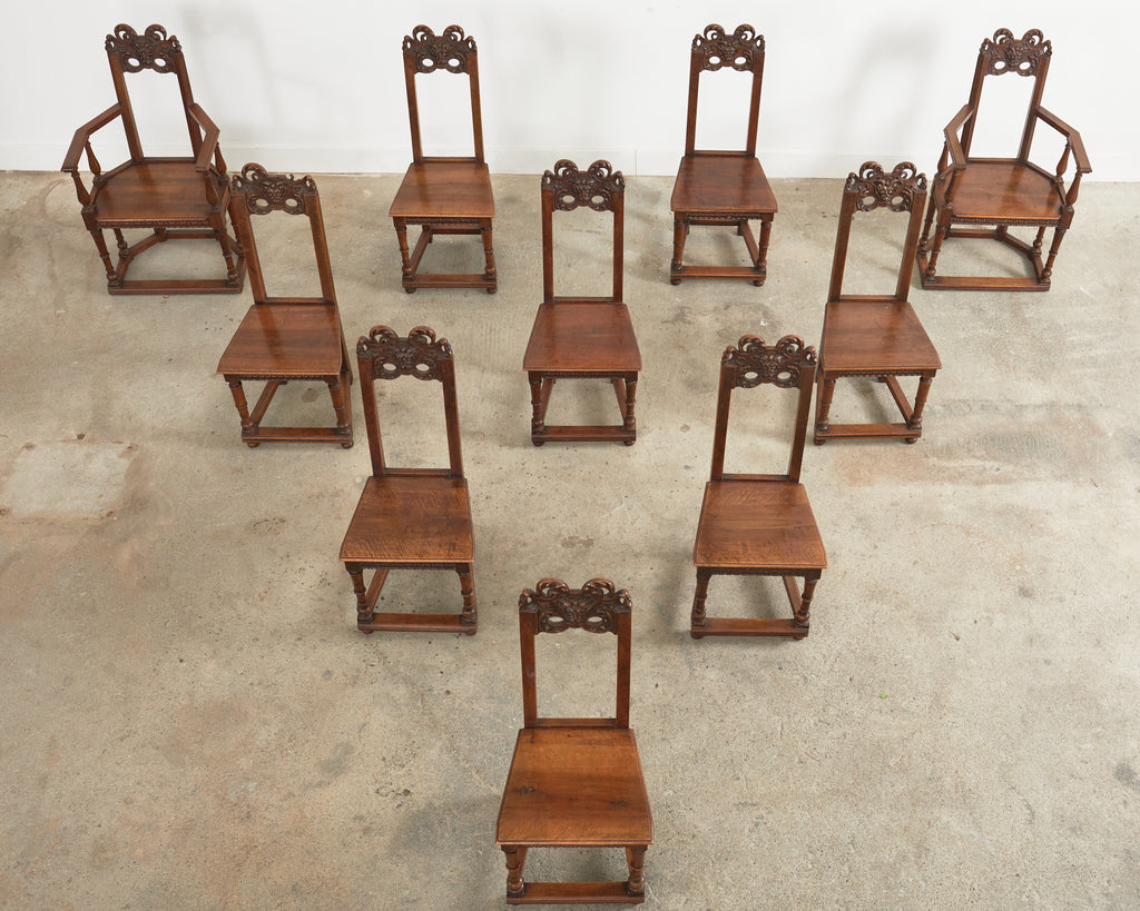 Set of Ten French Baroque Style Walnut Masked Dining Chairs