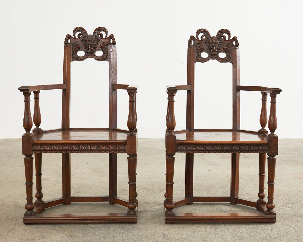 Set of Ten French Baroque Style Walnut Masked Dining Chairs