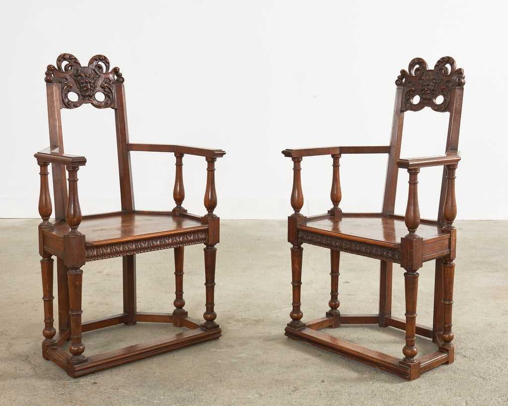 Set of Ten French Baroque Style Walnut Masked Dining Chairs