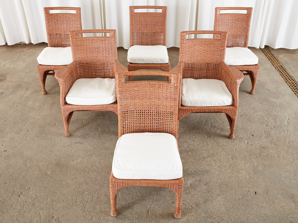 Set of Six McGuire Coral Wicker Rattan Dining Chairs