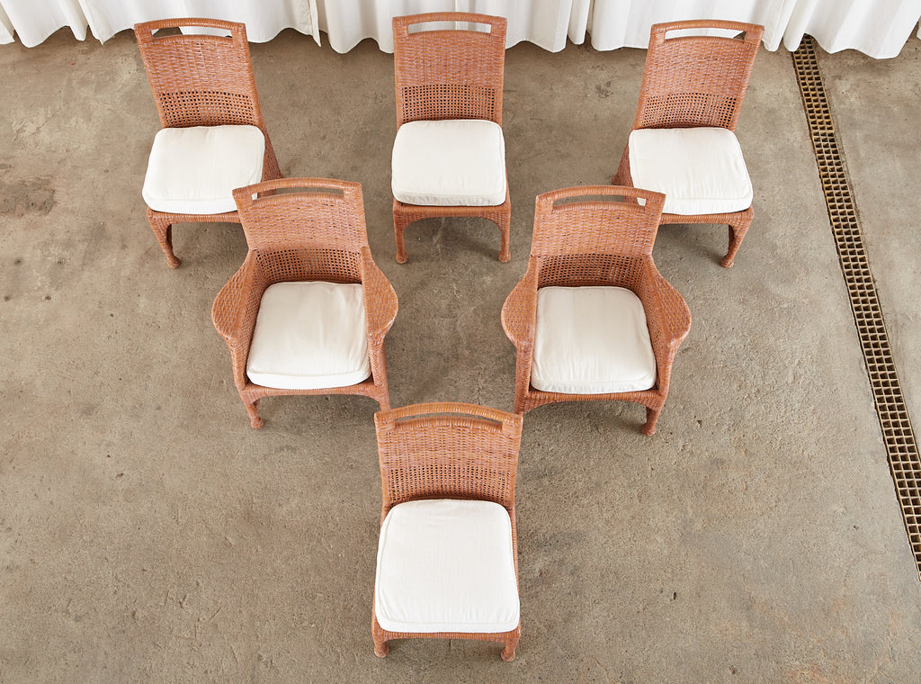 Set of Six McGuire Coral Wicker Rattan Dining Chairs
