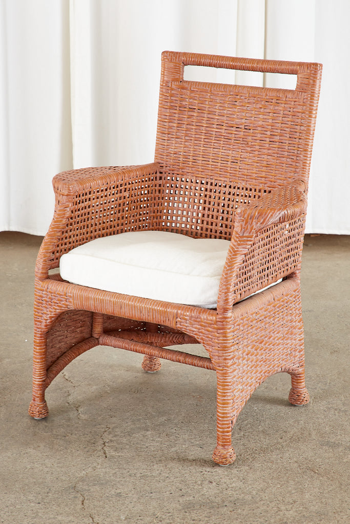 Set of Six McGuire Coral Wicker Rattan Dining Chairs
