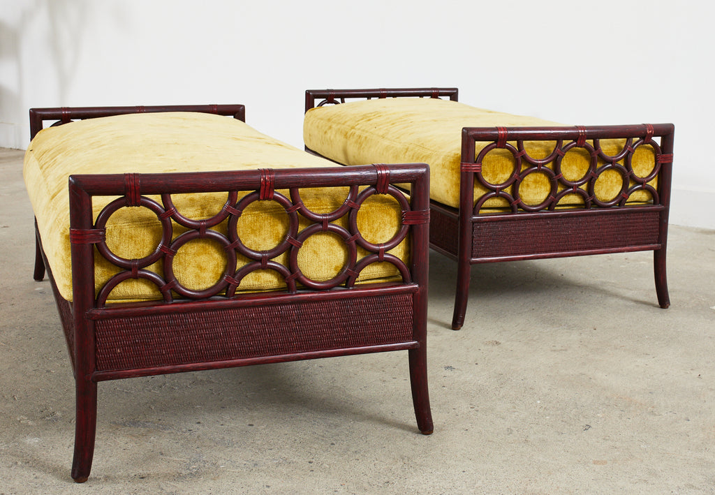 Pair of Laura Kirar for McGuire Rattan Raffia Ring Benches