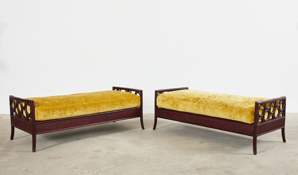 Pair of Laura Kirar for McGuire Rattan Raffia Ring Benches