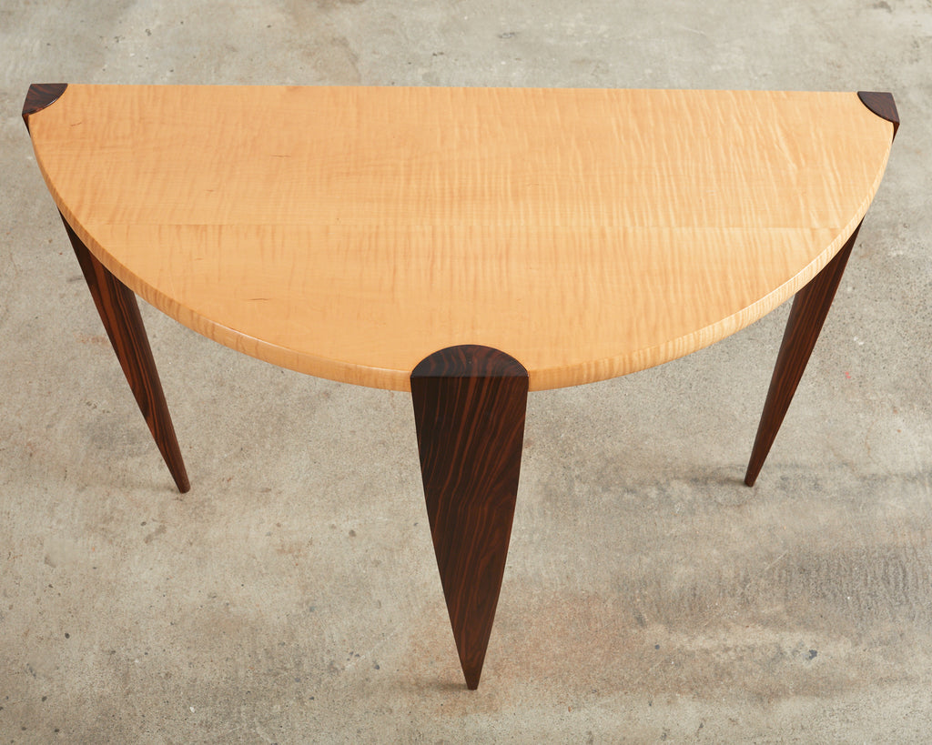 Pair of Post Modern Ebony and Birch Demilune Console Tables