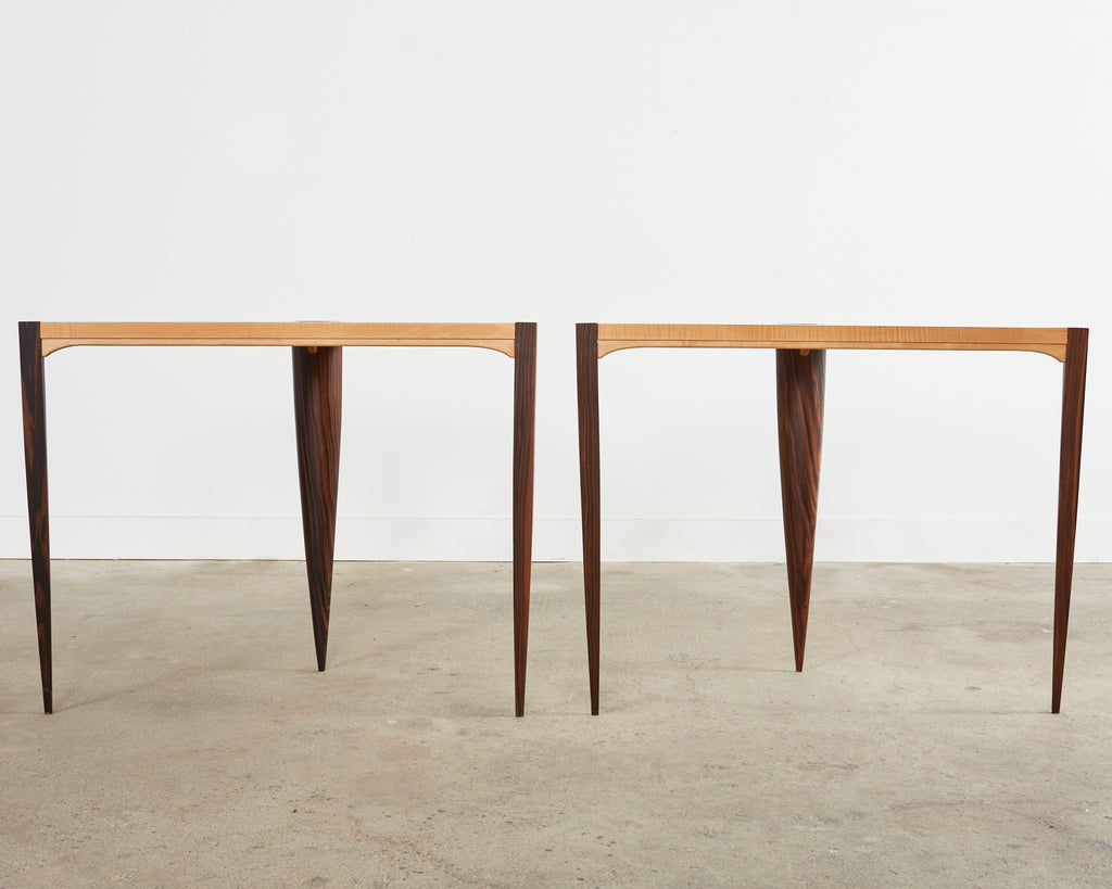 Pair of Post Modern Ebony and Birch Demilune Console Tables