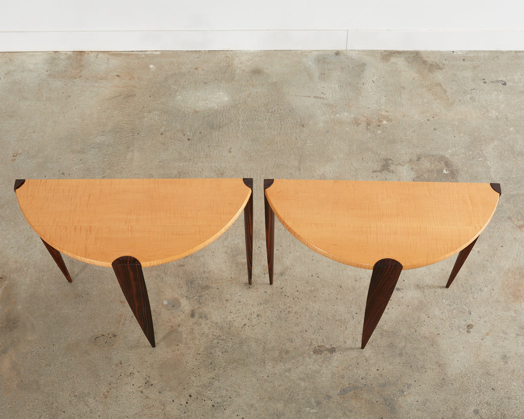 Pair of Post Modern Ebony and Birch Demilune Console Tables