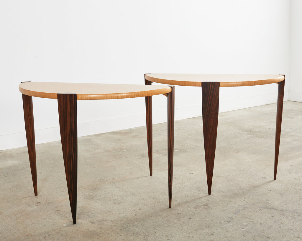 Pair of Post Modern Ebony and Birch Demilune Console Tables