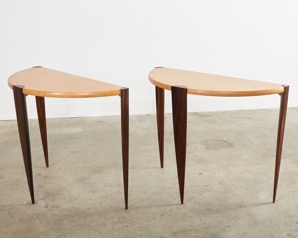 Pair of Post Modern Ebony and Birch Demilune Console Tables