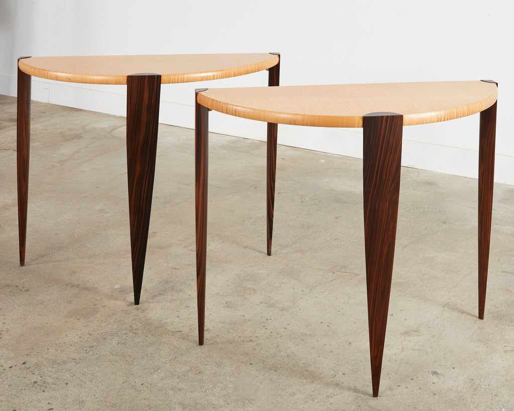 Pair of Post Modern Ebony and Birch Demilune Console Tables