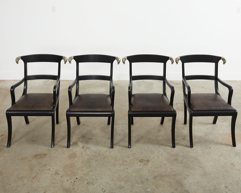 Set of Four English Regency Style Armchairs with Rams Heads
