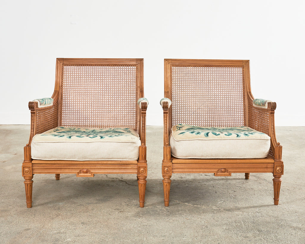 Pair of Louis XVI Style Walnut Caned Needlepoint Lounge Chairs