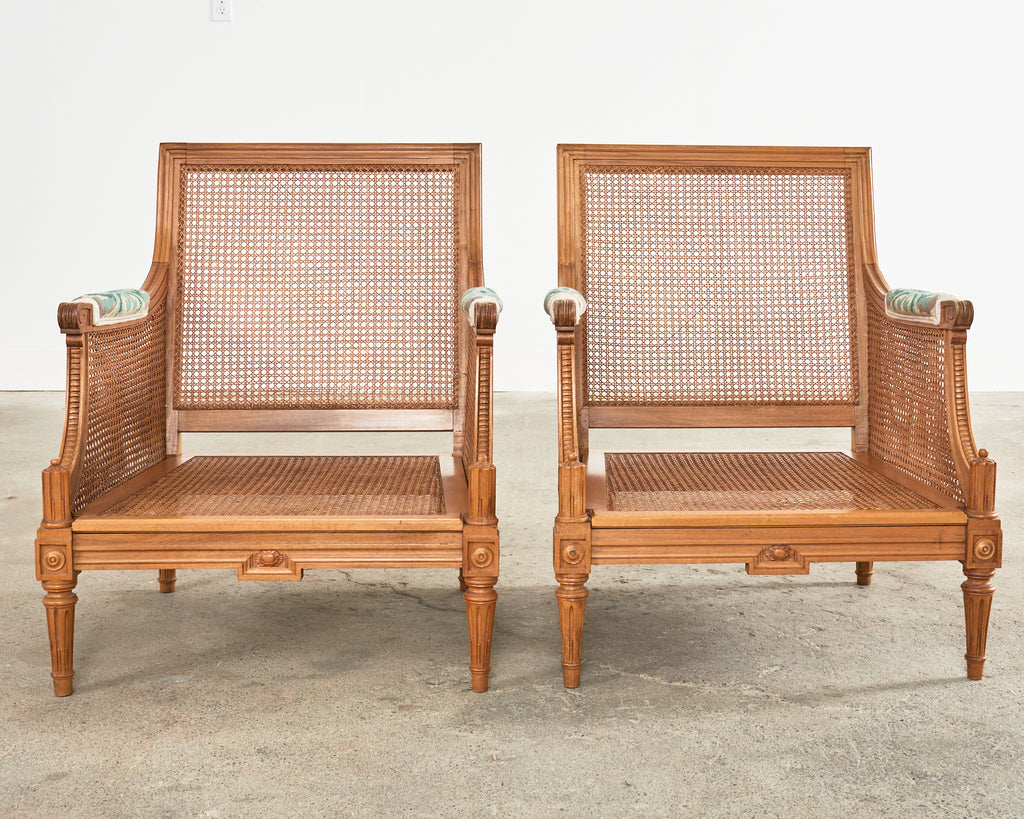 Pair of Louis XVI Style Walnut Caned Needlepoint Lounge Chairs