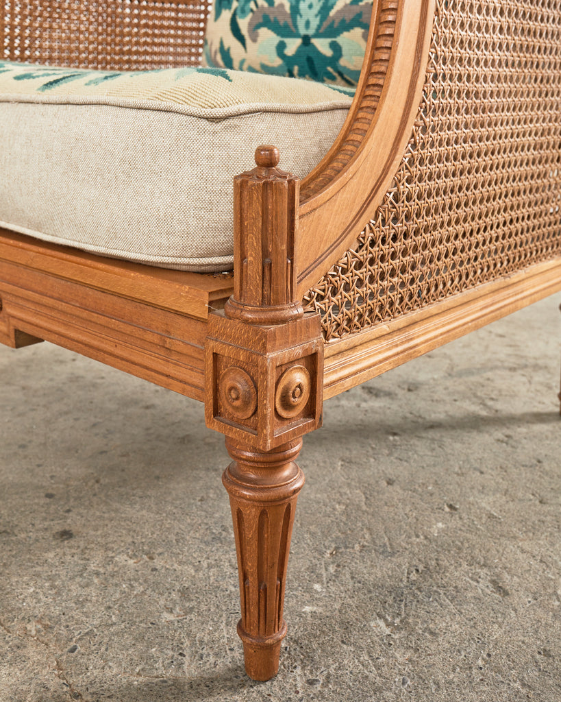 Pair of Louis XVI Style Walnut Caned Needlepoint Lounge Chairs