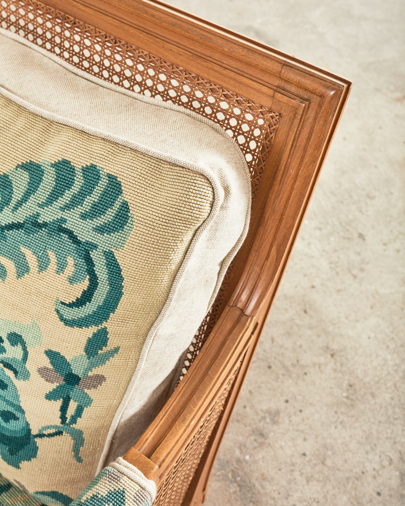 Pair of Louis XVI Style Walnut Caned Needlepoint Lounge Chairs