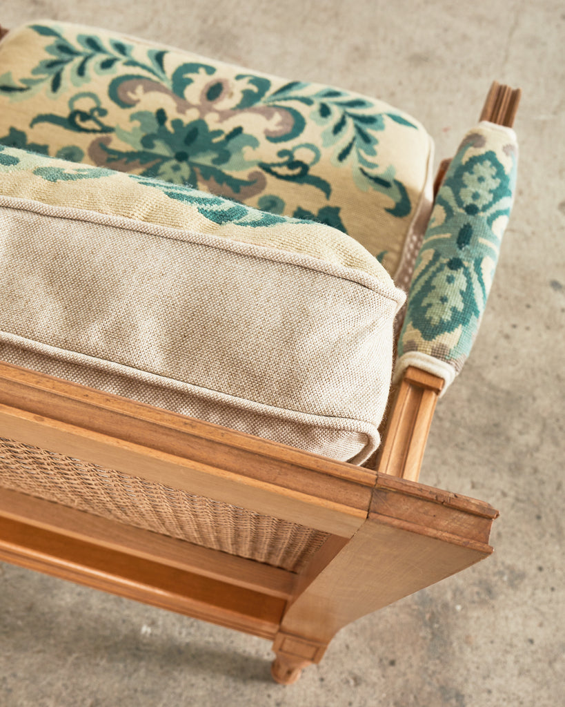 Pair of Louis XVI Style Walnut Caned Needlepoint Lounge Chairs