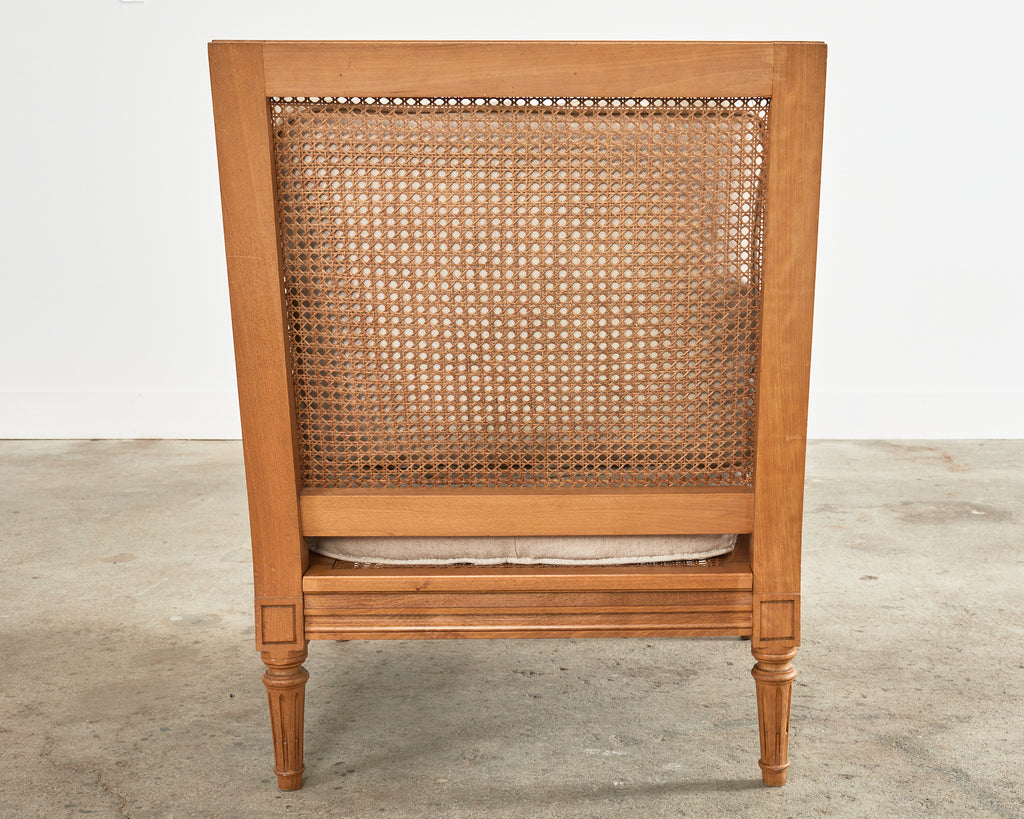 Pair of Louis XVI Style Walnut Caned Needlepoint Lounge Chairs