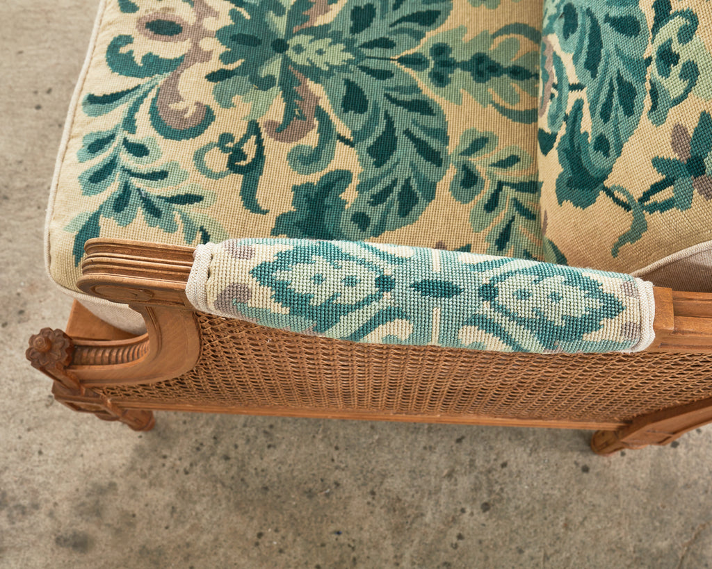 Pair of Louis XVI Style Walnut Caned Needlepoint Lounge Chairs