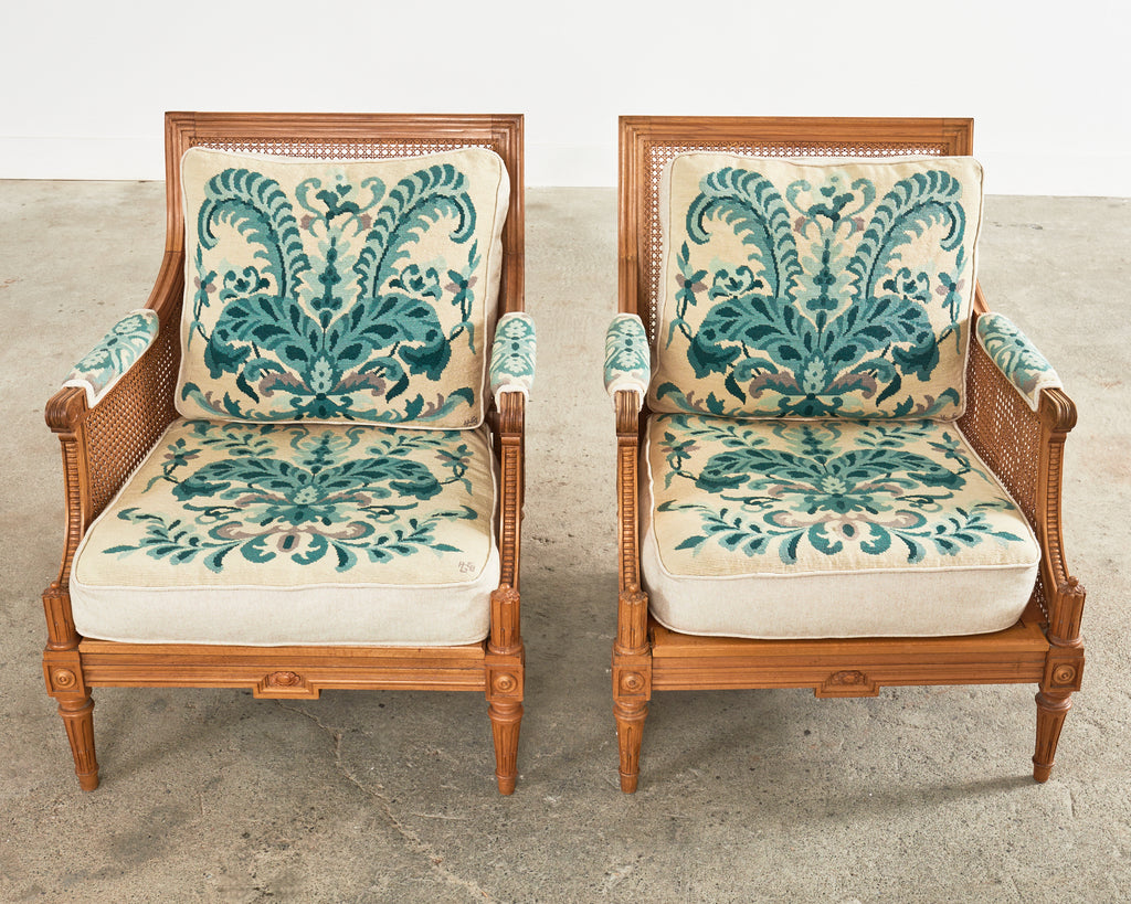 Pair of Louis XVI Style Walnut Caned Needlepoint Lounge Chairs