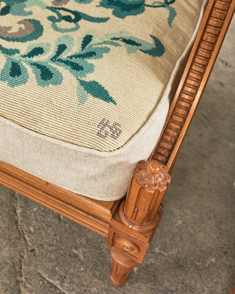 Pair of Louis XVI Style Walnut Caned Needlepoint Lounge Chairs