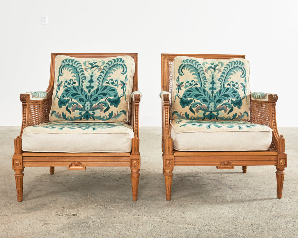 Pair of Louis XVI Style Walnut Caned Needlepoint Lounge Chairs