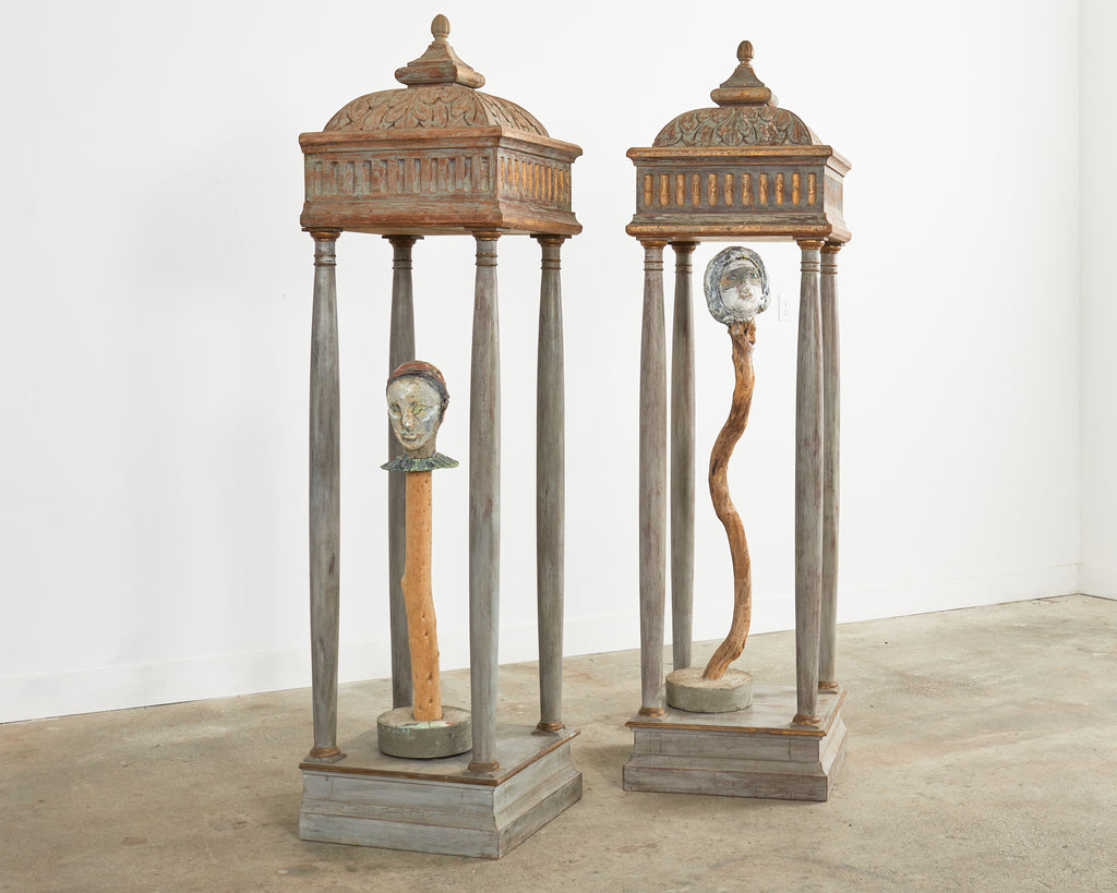 Pair of Italian Painted Altar Display Pedestal Vitrines