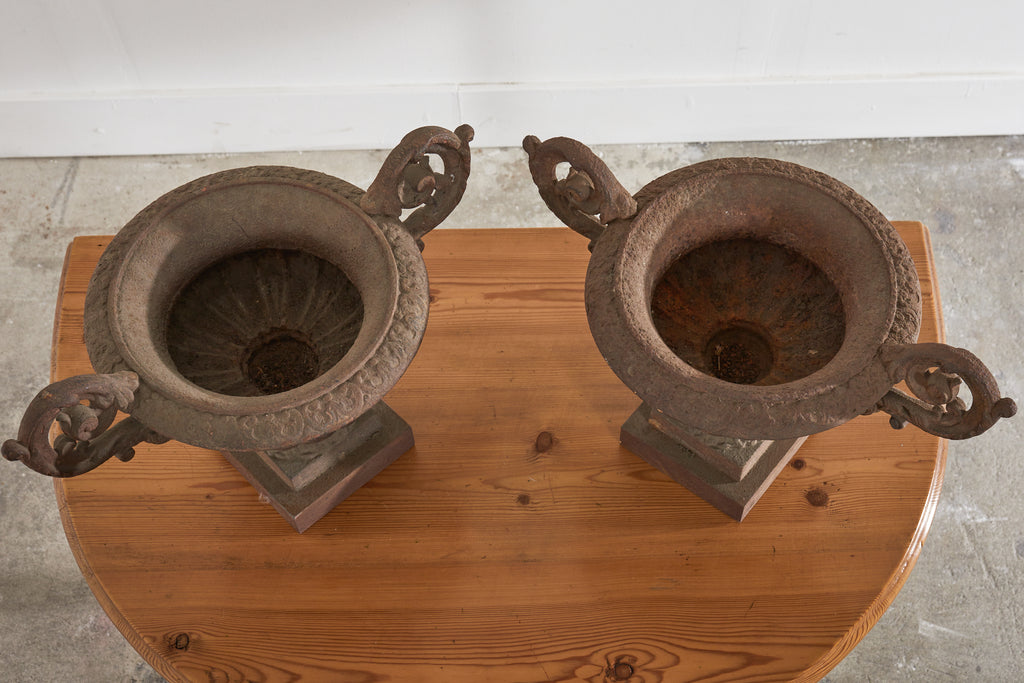 Pair of Diminutive English Cast Iron Urn Jardinaires