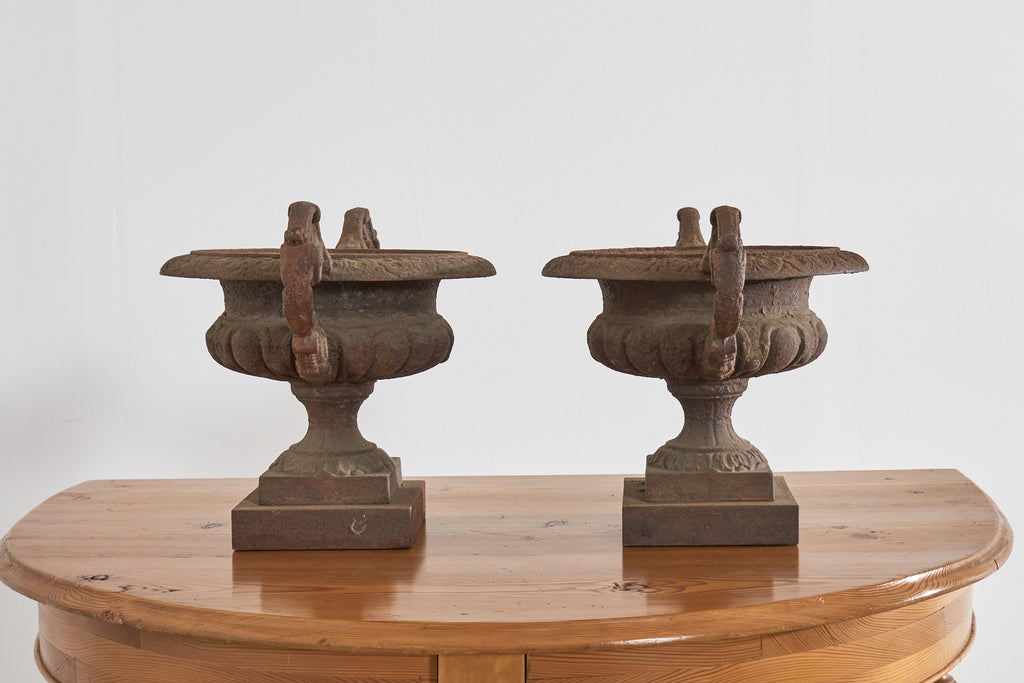 Pair of Diminutive English Cast Iron Urn Jardinaires