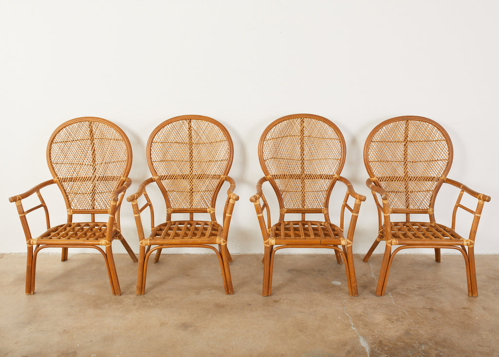 Set of Four Bamboo Rattan Peacock Dining Armchairs