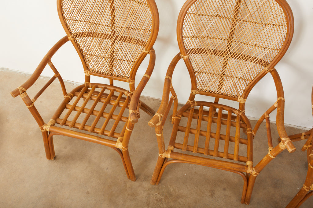 Set of Four Bamboo Rattan Peacock Dining Armchairs