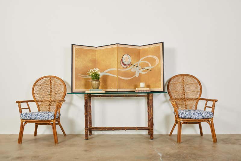 Set of Four Bamboo Rattan Peacock Dining Armchairs