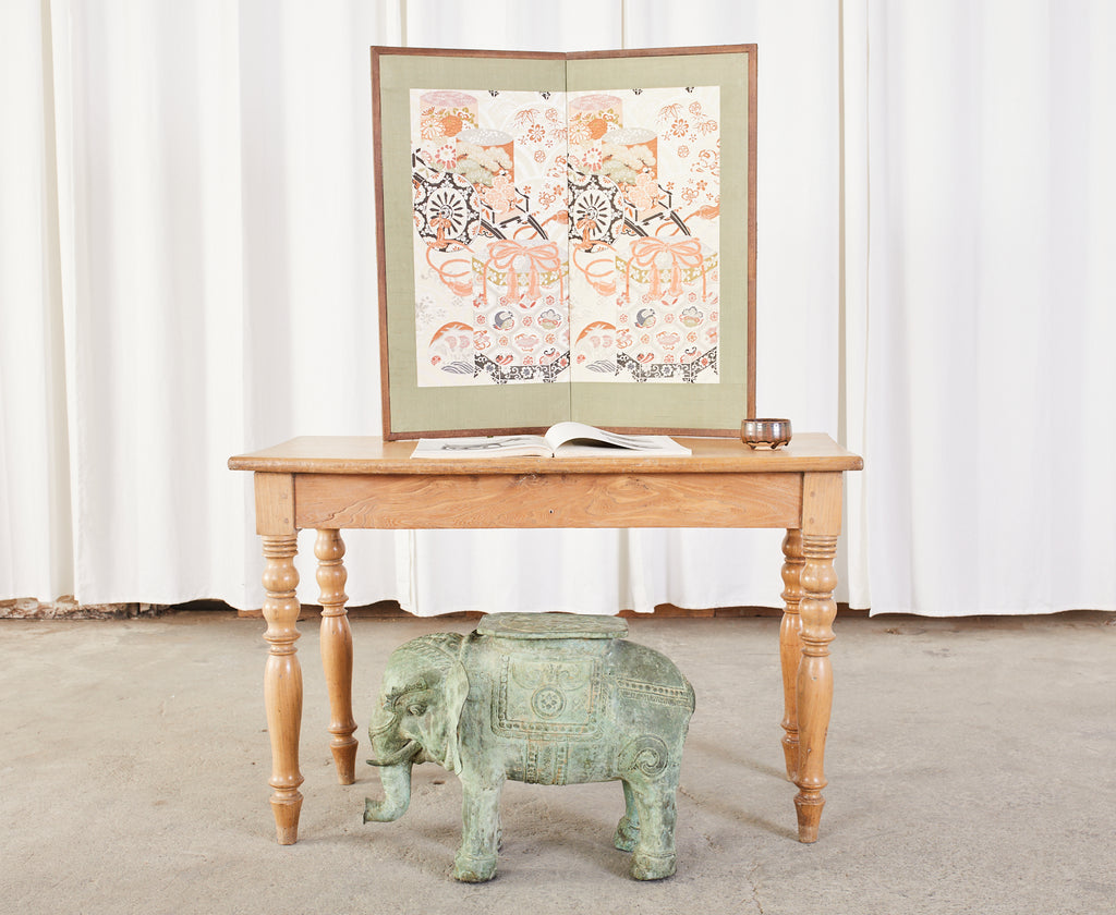 Japanese Showa Two Panel Screen Embroidered Silk Gilt Boxes