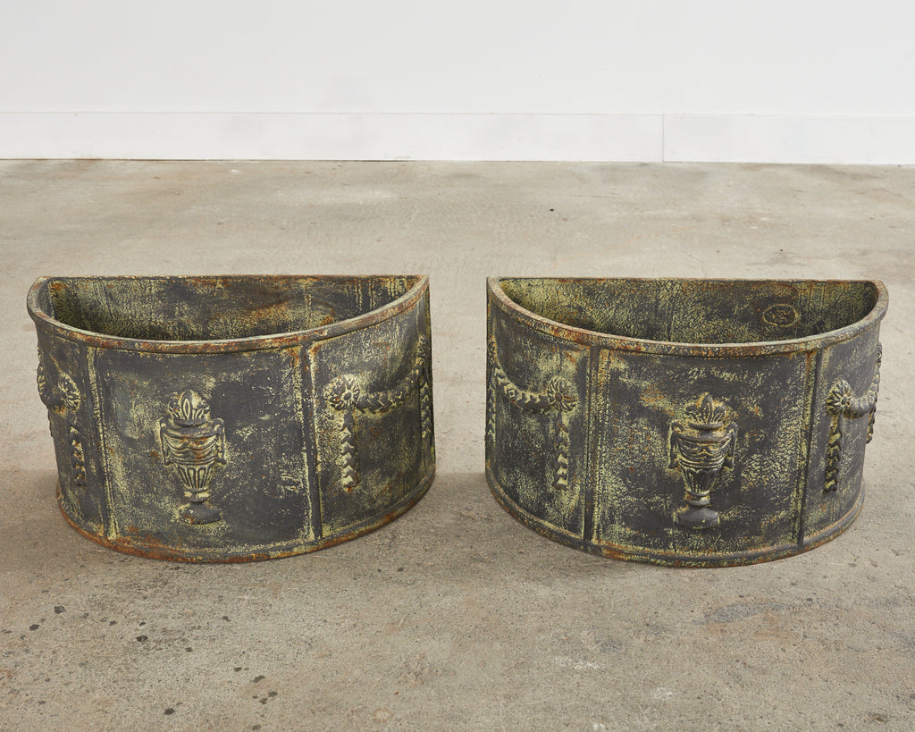 Pair of English Cast Iron Neoclassical Demilune Jardiniere Planters